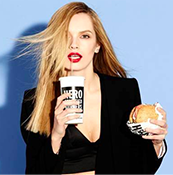 Woman with Burger and Drinks